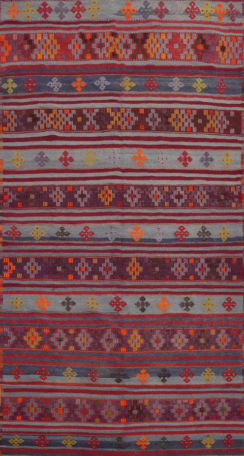 Vibrant Stripes: A Colorful Kilim Area Rug 5x10 Geometric Patterns