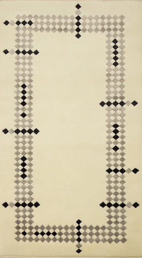 Modern Geometric Nepalese Rug 3x5 in Soft Cream and Black Hues