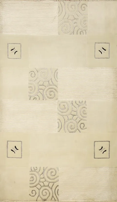 Stylish Nepalese Rug 3x5 with Spiral Patterns and Striped Blocks