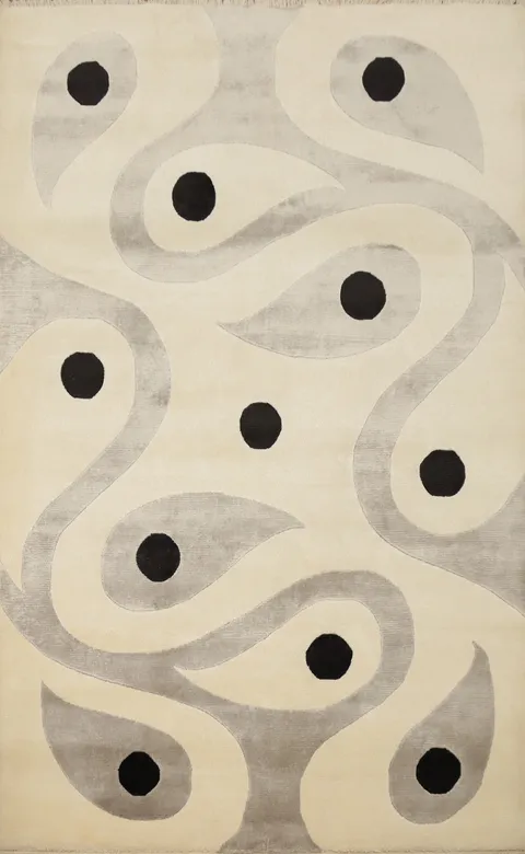 Contemporary Curved Design Nepalese Rug 4x6 with Bold Black Dots