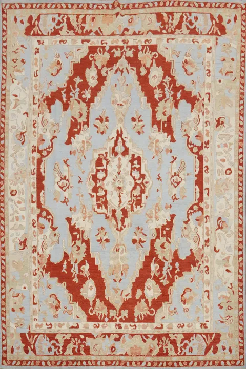 Sophisticated Oriental Rug in Rich Red and Calm Blue Hues 9x12