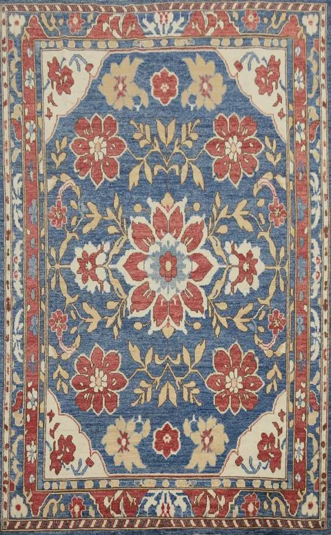 Vegetable Dye Oushak Blue Floral Area Rug 6x9