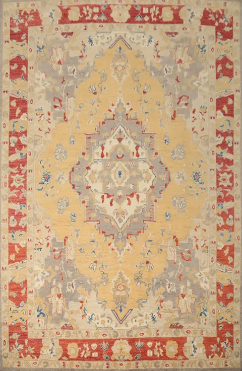 Exquisite Oriental Rug with Elegant Red and Gold Floral Patterns 9x12