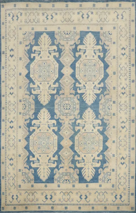Vegetable Dye Blue Kazak Geometric Wool Area Rug 8x11