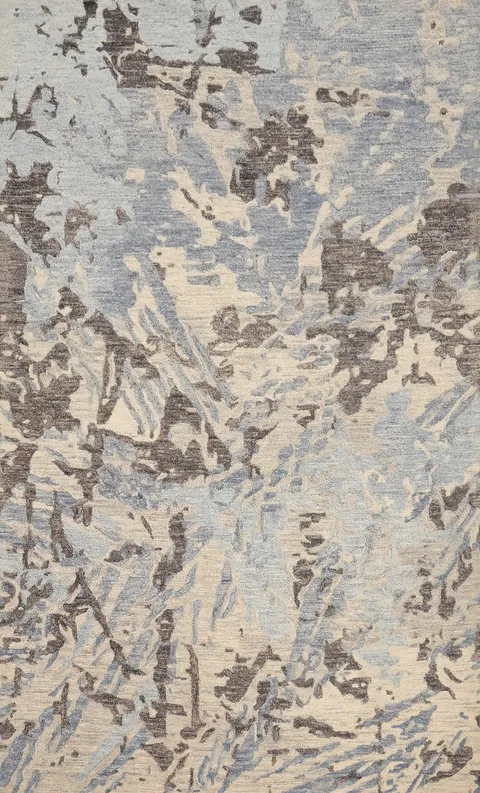 Elegant Abstract Area Rug 5x8 in Muted Blue and Beige Tones