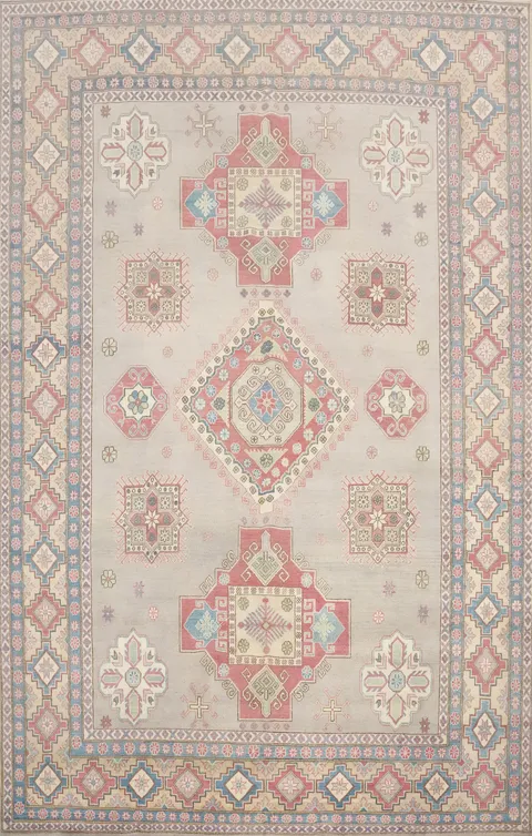 Geometric Gray Kazak Vegetable Dye Area Rug 10x13