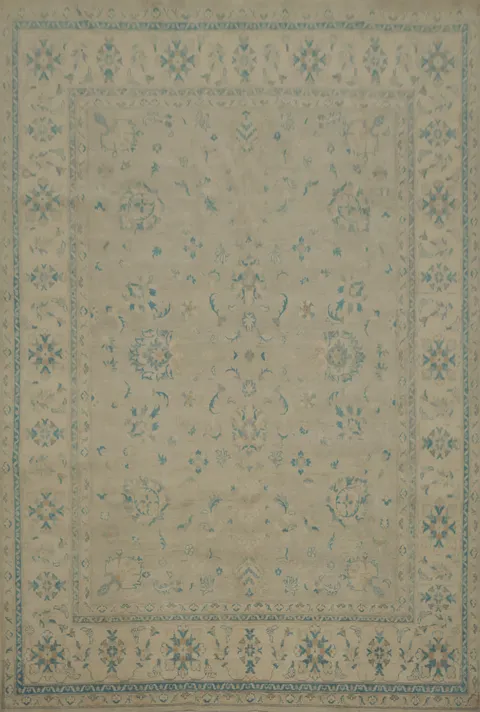 Elegant Vintage Beige and Blue Floral Pattern Rug Design 9x12