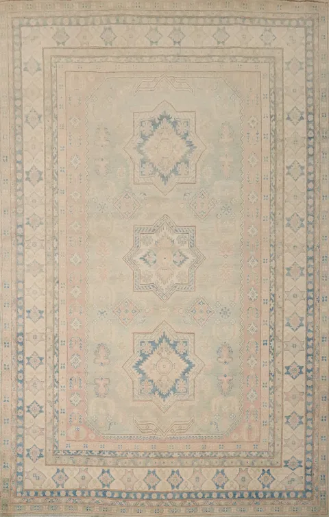 Vintage Style Rug with Intricate Blue and Beige Patterns 8x11