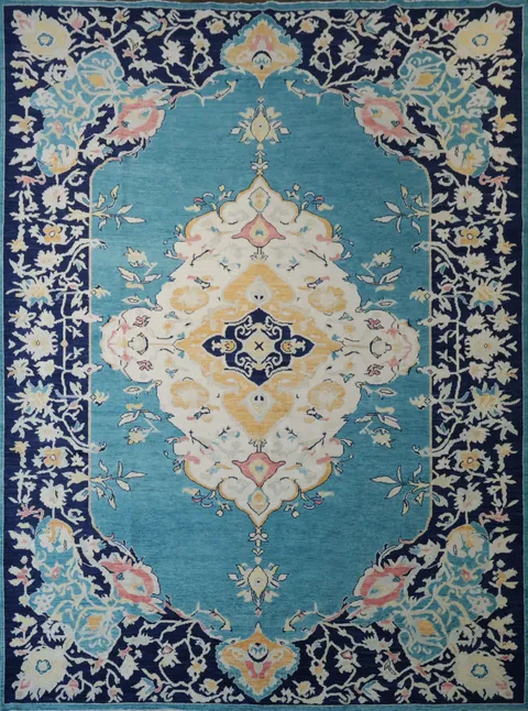 Luxurious Oushak Turkish Rug in Turquoise with Intricate Border Design 9x12