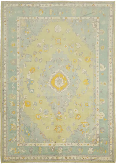 Luxurious Pistachio Green Oushak Turkish Rug with Subtle Pastel Design 10x14