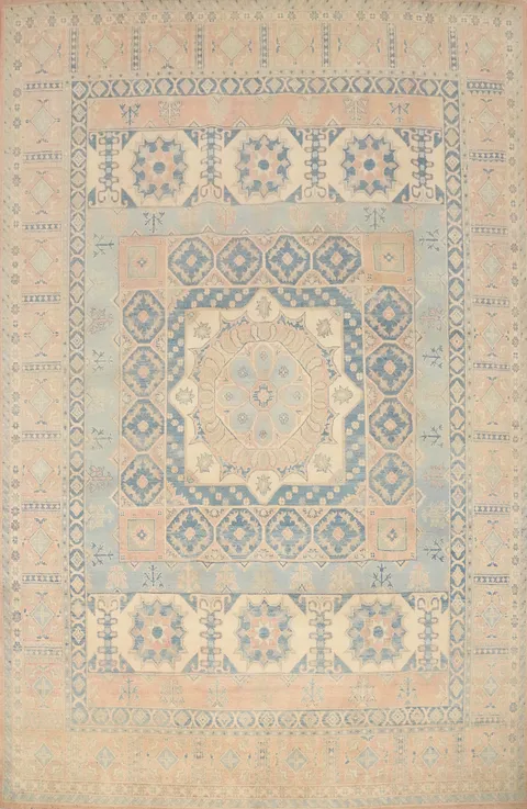 Sophisticated Geometric Rug in Calming Blue and Beige Hues 9x11