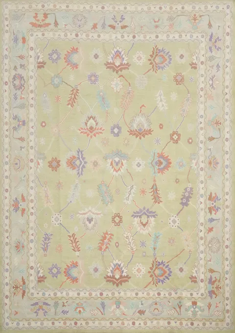 Light Green Floral Oushak Vegetable Dye Large Rug 12x15
