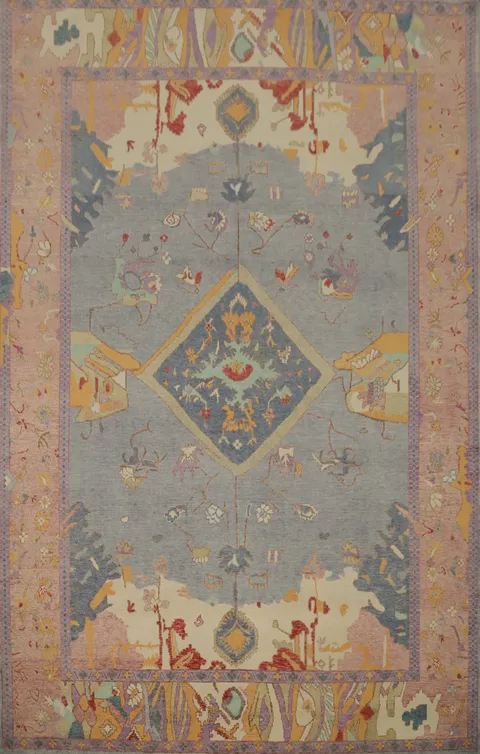 Pastel-Hued Handcrafted Rug with Timeless Geometric Motifs 9x12