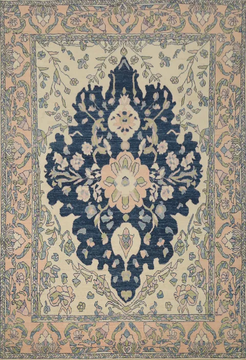 Navy Blue Floral Oushak Vegetable Dye Area Rug 8x10