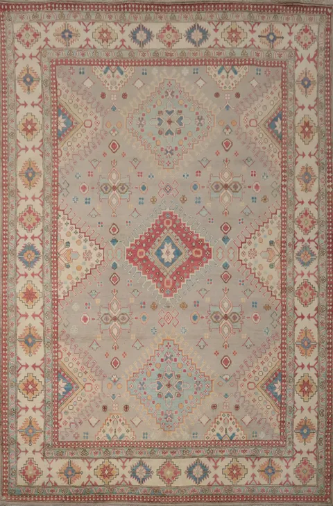 Handwoven Kazak Rug Accentuated with Colorful Diamond Pattern 9x12