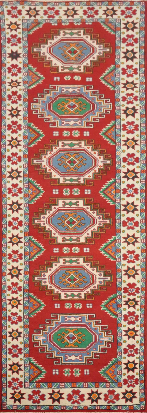 Vegetable Dye Kazak Geometric Wool Runner Rug 3x10