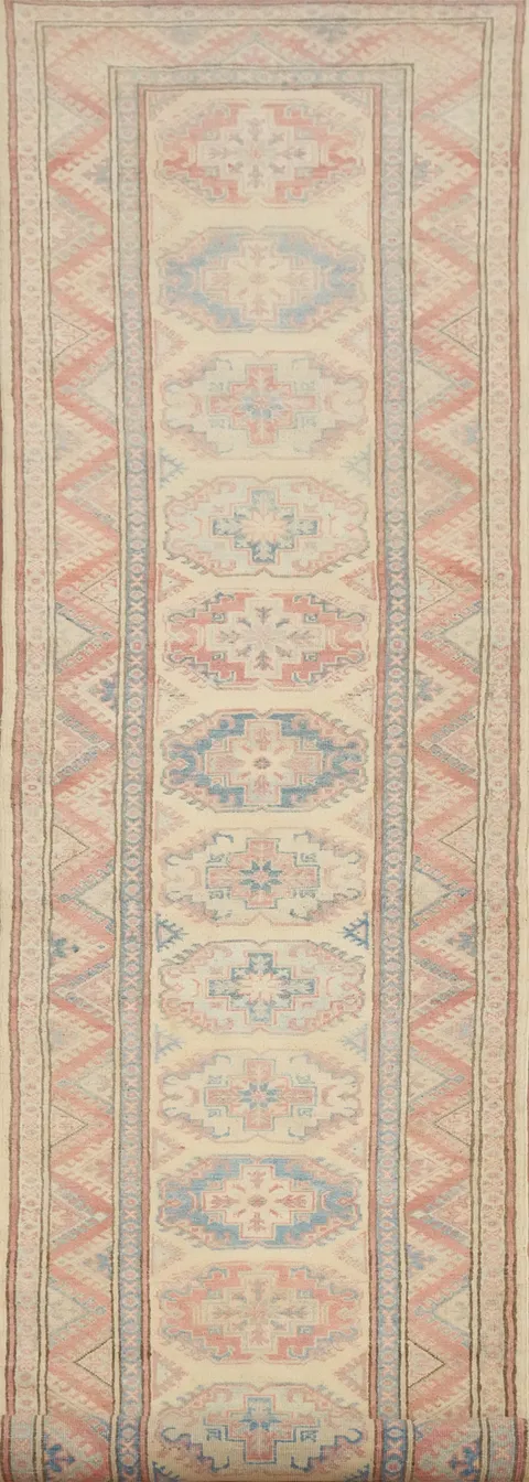 Vegetable Dye Kazak Geometric Wool Runner Rug 3x14