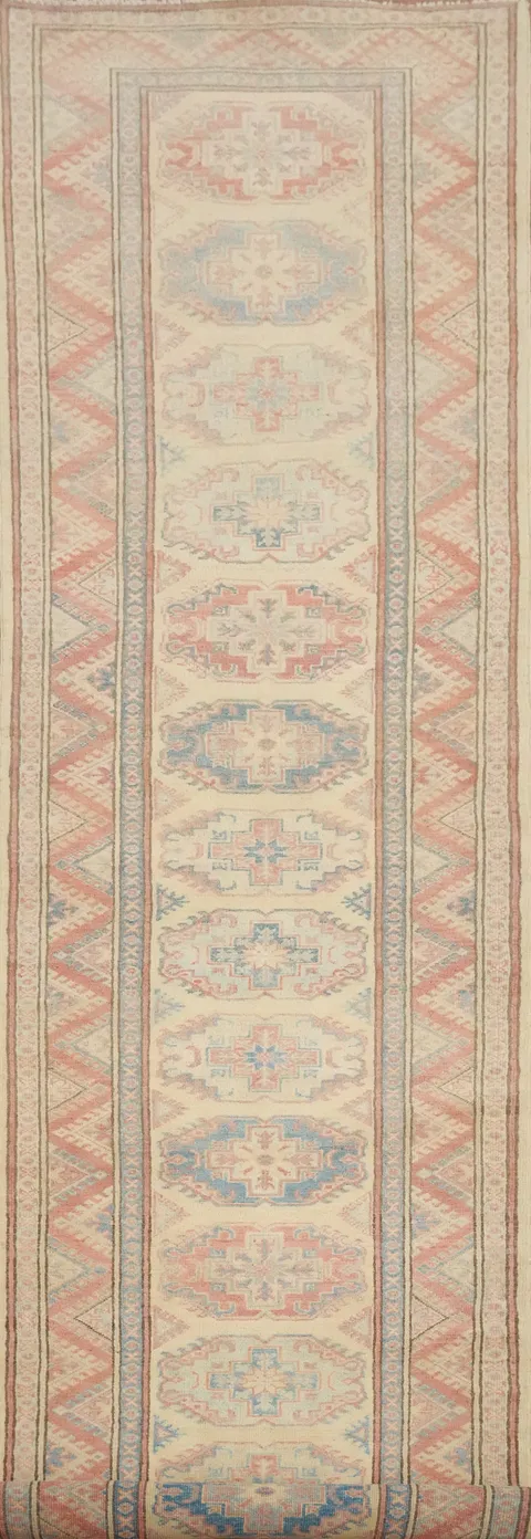 Geometric Beige Kazak Vegetable Dye Runner Rug 3x14