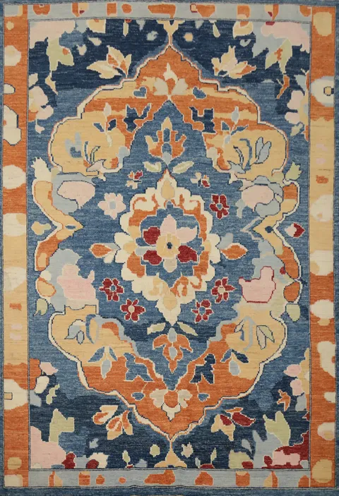 Blue Floral Oushak Vegetable Dye Area Rug 8x10