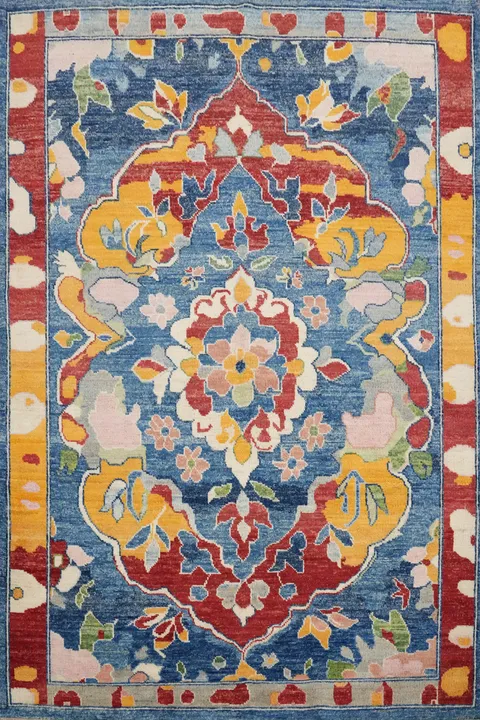 Handmade Blue Floral Oushak Vegetable Dye Rug 5x7