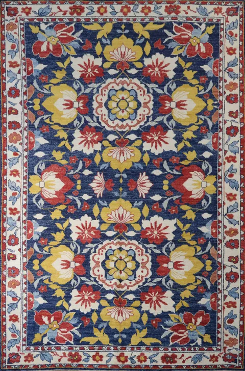 Floral Blue Oushak Vegetable Dye Area Rug 7x10