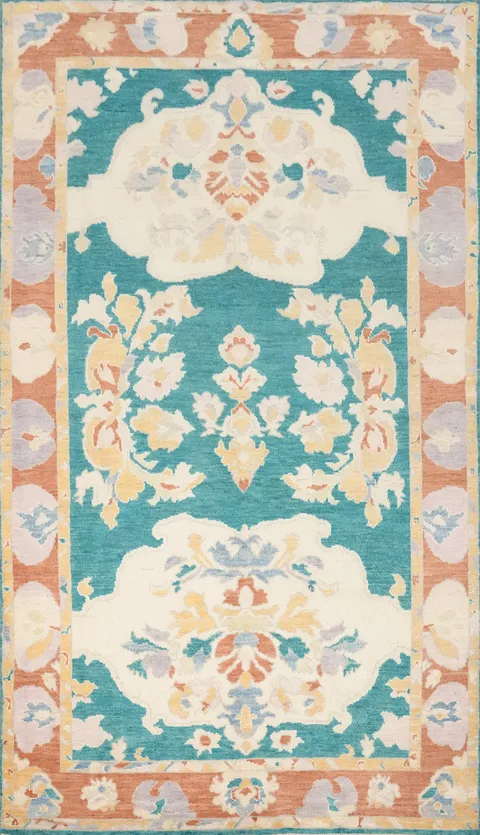Floral Green Oushak Vegetable Dye Area Rug 5x9