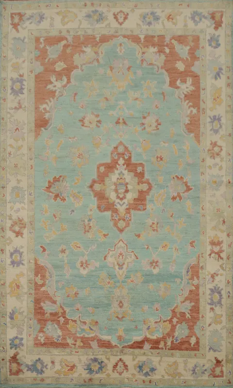 Turquoise Wool Oushak Vegetable Dye Area Rug 5x8