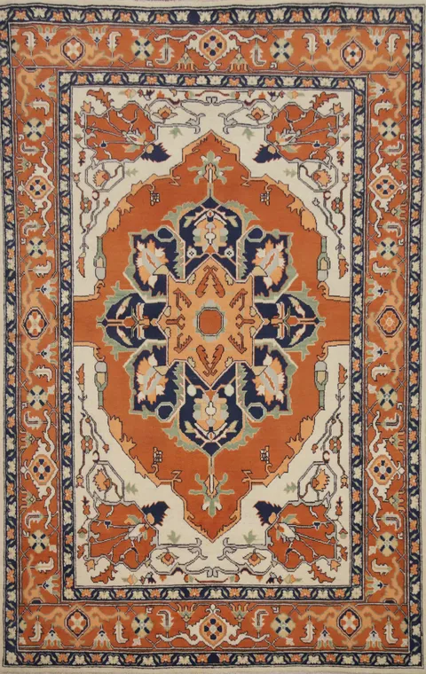 Orange Wool Heriz Serapi Vegetable Dye Area Rug 6x8