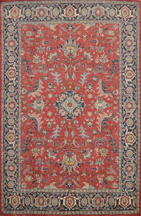 Classic Red and Blue Rug with Detailed Floral and Medallion Patterns 9x12