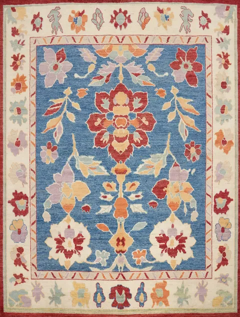 Blue Floral Square Oushak Vegetable Dye Area Rug 8x8