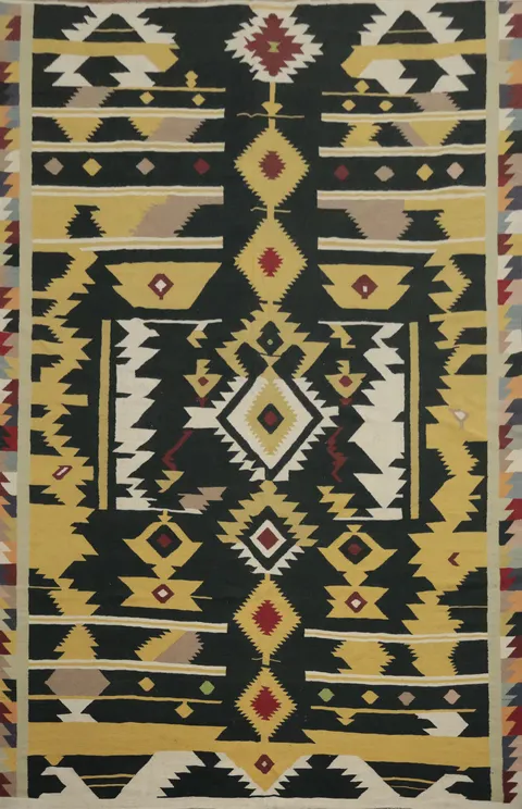 Handwoven Black Kilim Large Rug 10x15 with Dynamic Yellow Accents