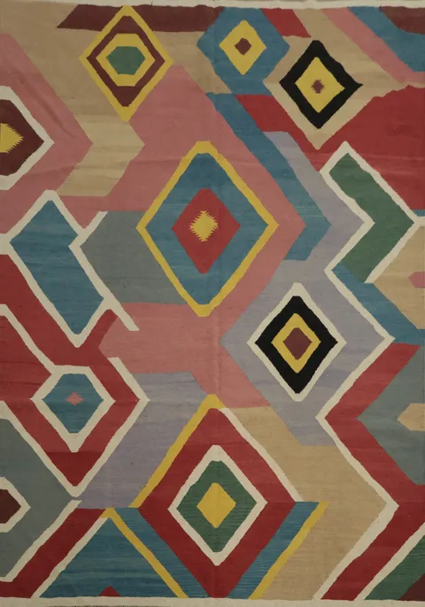 Modern Kilim Area Rug 9x11 with Colorful Diamond Design