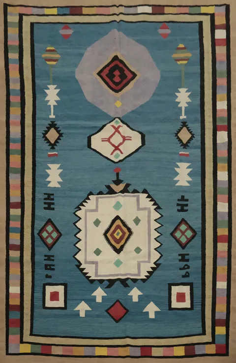 Blue Geometric Kilim Turkish Area Rug 9x12