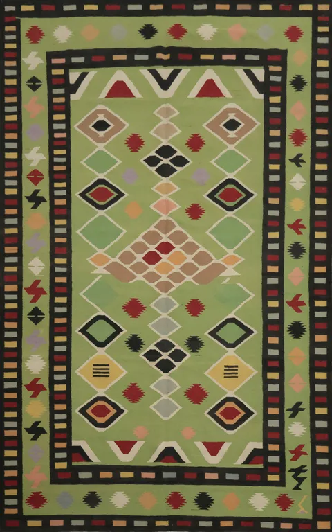 Lime Green Kilim Area Rug 8x13 with Dynamic Tribal Motifs