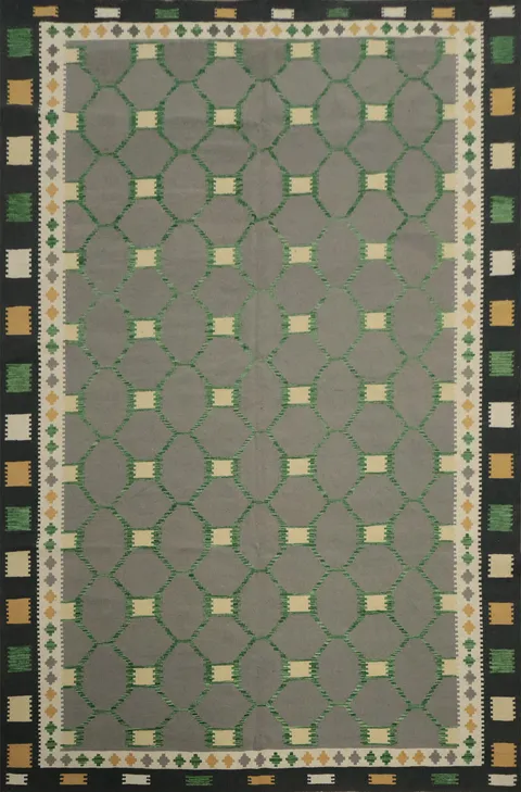 Elegant Gray Geometric Wool Kilim Area Rug 8x11