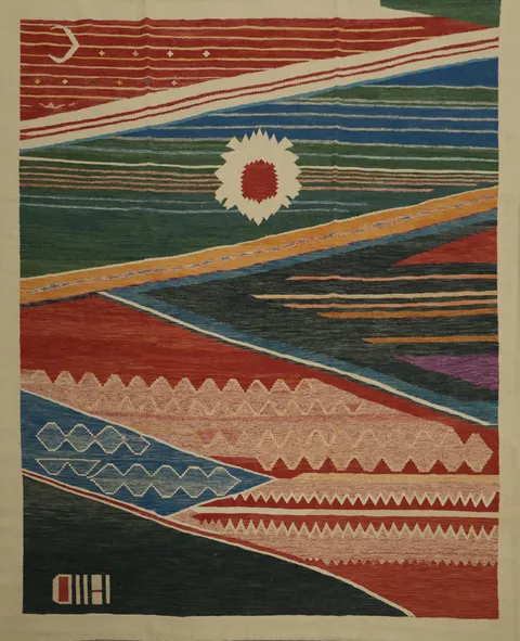 Modern Artistic Kilim Area Rug 10x10 in Colorful Shapes and Lines