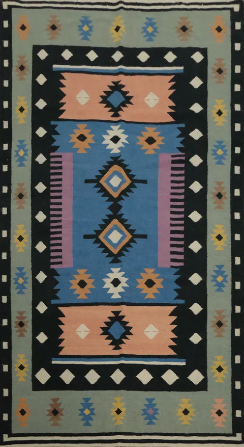 Colorful Geometric Kilim Area Rug 5x10 with Southwestern Patterns