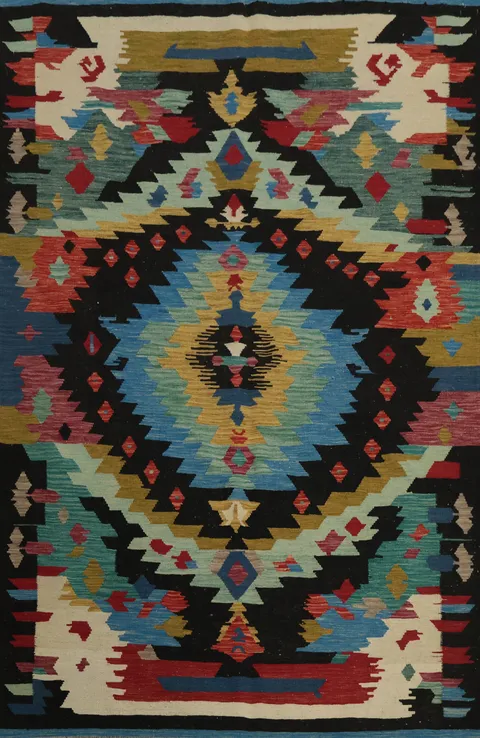 Intricate Artisan Craftsmanship in Colorful Kilim Area Rug 6x8
