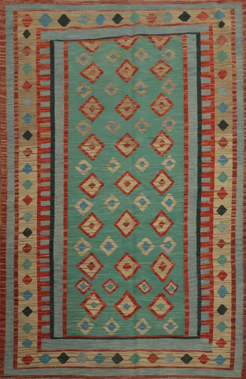 Green Wool Kilim Geometric Area Rug 6x8
