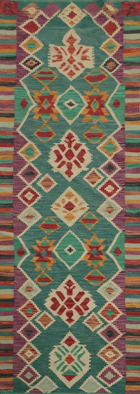 Bright and Bold Kilim Runner Rug 3x10 Perfect for Hallways