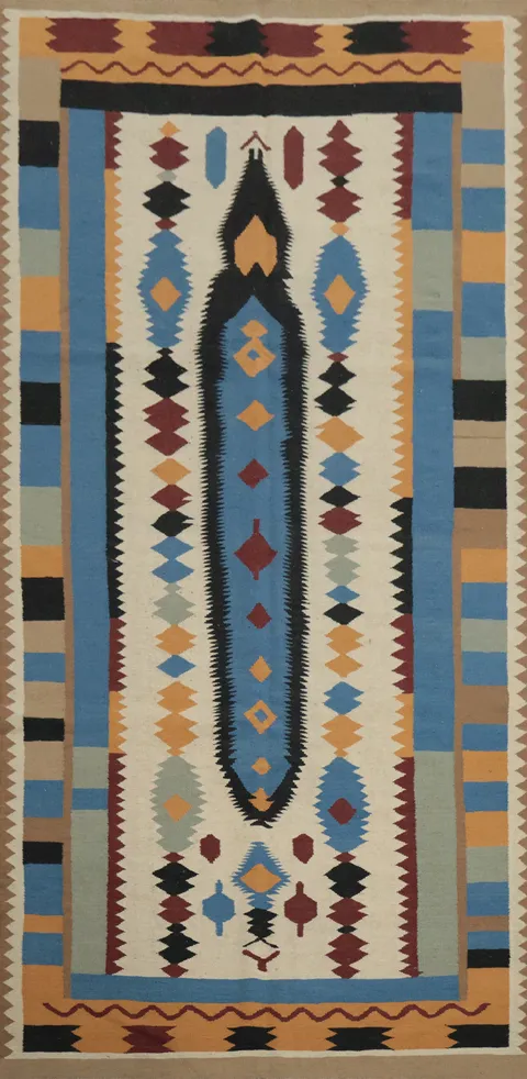 Unique Kilim Rug 5x12 with Geometric Patterns and Warm Tones