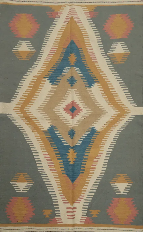 Boho Flair: Artisan-Made Geometric Wool Kilim Rug 5x7