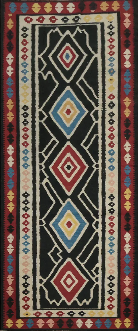 Vibrant Geometric Kilim Runner Rug 3x10 with Bold Ethnic Flair