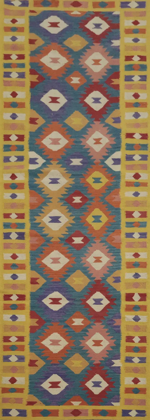 Vibrant Geometric Wool Kilim Runner Rug 4x13