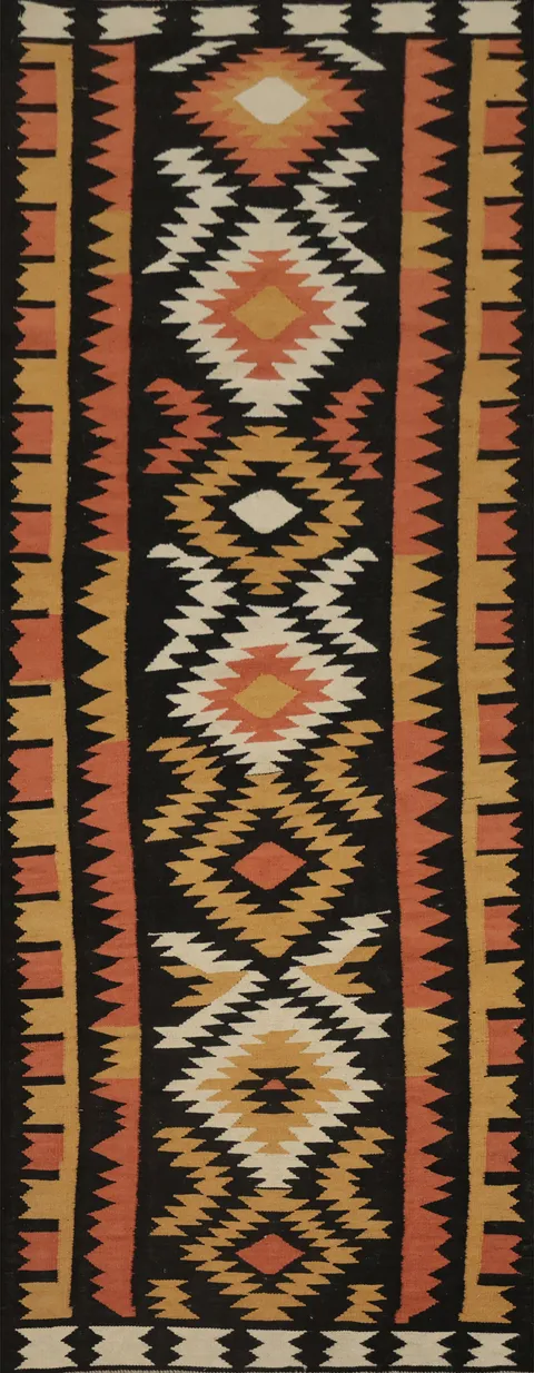 Stylish Geometric Wool Kilim Runner Rug 3x10 in Rich Hues