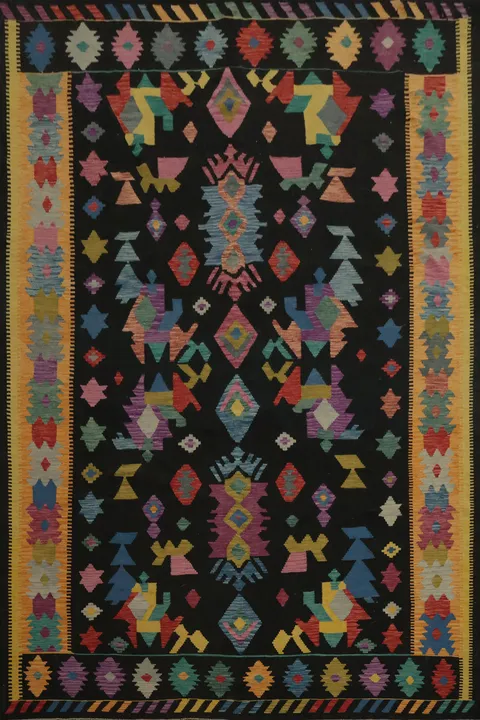 Dynamic Geometric Black Canvas Kilim Area Rug 8x12