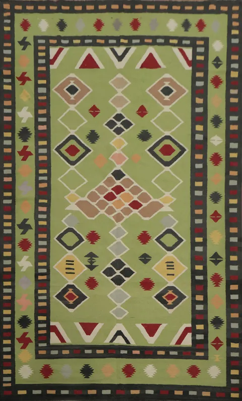 Green Tribal Kilim Area Rug 9x13 with Multicolor Patterns