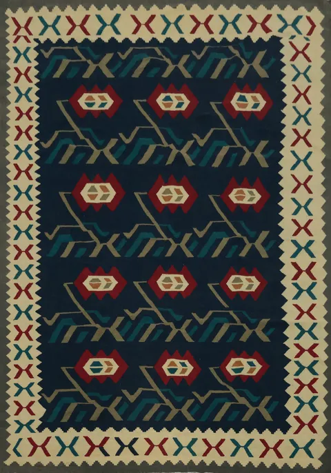 Blue Kilim Area Rug 8x10 Featuring Geometric and Tribal Designs