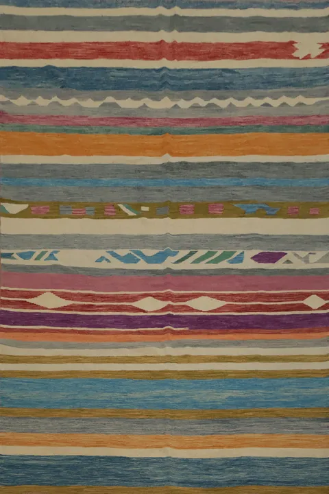 Handwoven Artisan Kilim Area Rug 8x11 with Bold Stripes