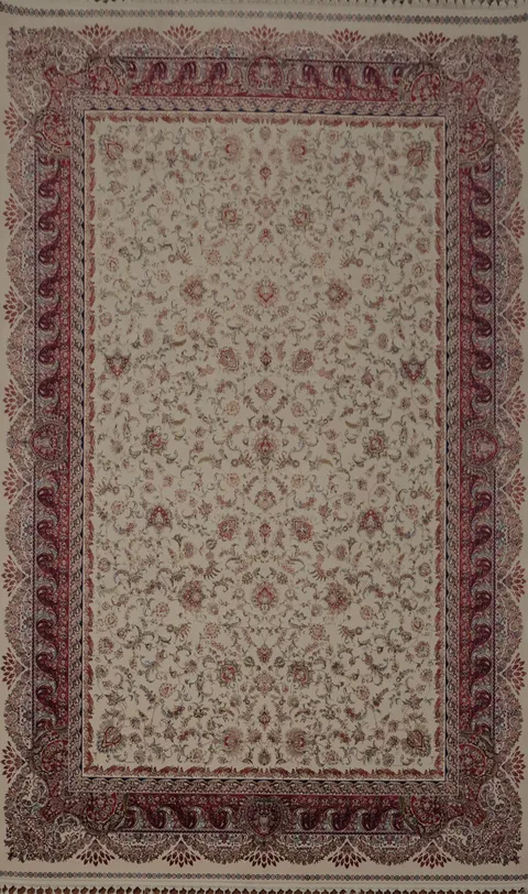 Stunning Qum Area Rug 7x10 in Beige with Intricate Red Floral Motifs
